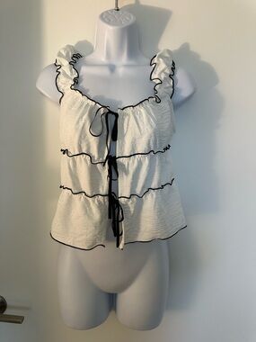 Ruffle-Trim Tie-Front Camisole in White with Black Trim